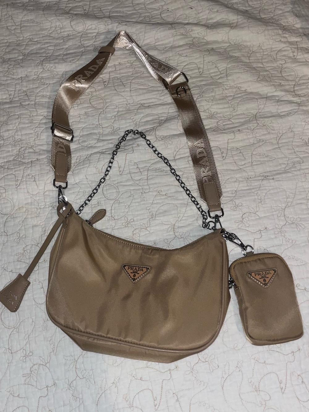 Designer Inspired Tan Nylon Crossbody Bag with Detachable Mini Pouch